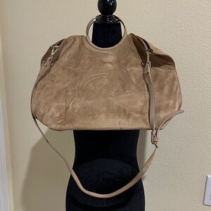 Banana Republic faux suede ring satchel with long cross over strap. Biscotti.